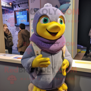 Lavender Canary mascot costume character dressed with a Sweatshirt and Mittens