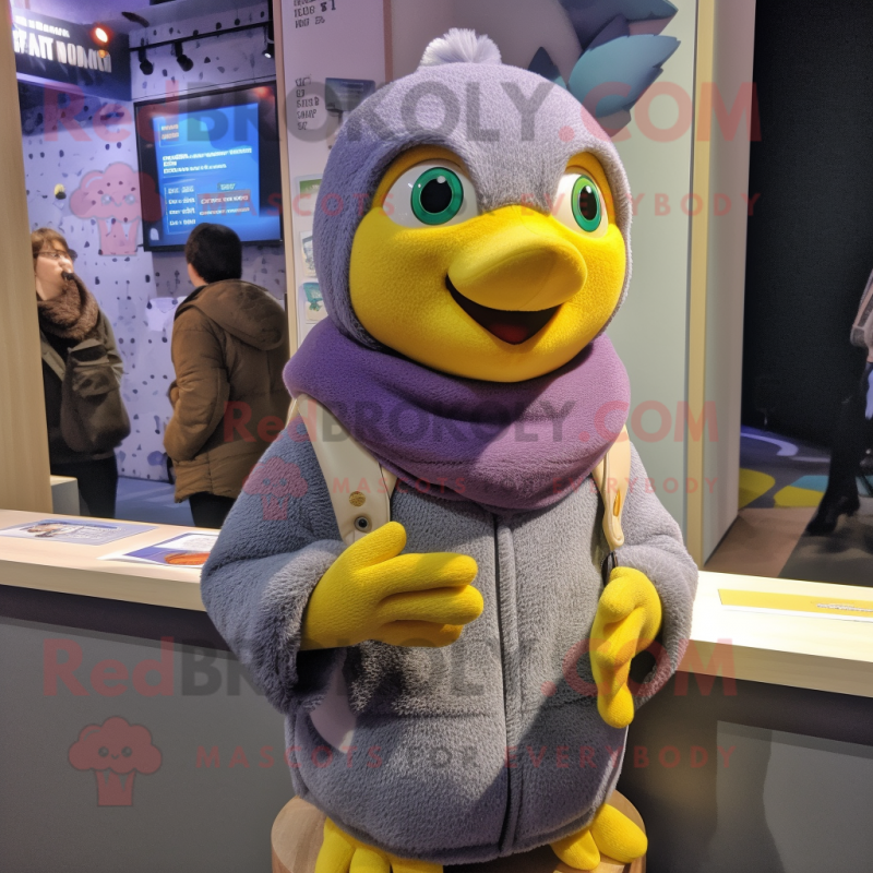 Lavender Canary mascot costume character dressed with a Sweatshirt and Mittens Lavender Canary mascot costume character dressed with a Sweatshirt and Mittens