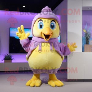 Lavender Canary mascot costume character dressed with a Sweatshirt and Mittens