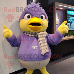 Lavender Canary mascot costume character dressed with a Sweatshirt and Mittens