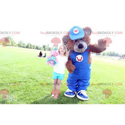 Brown teddy bear mascot with blue overalls - Redbrokoly.com