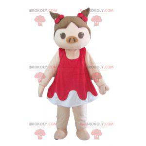 Mascote porco rosa e marrom em vestido vermelho e branco -