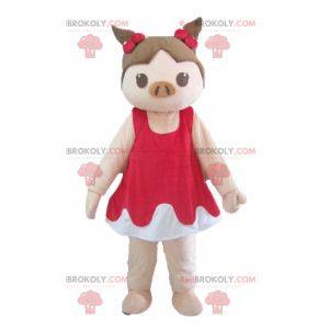 Mascotte maiale rosa e marrone in abito rosso e bianco -