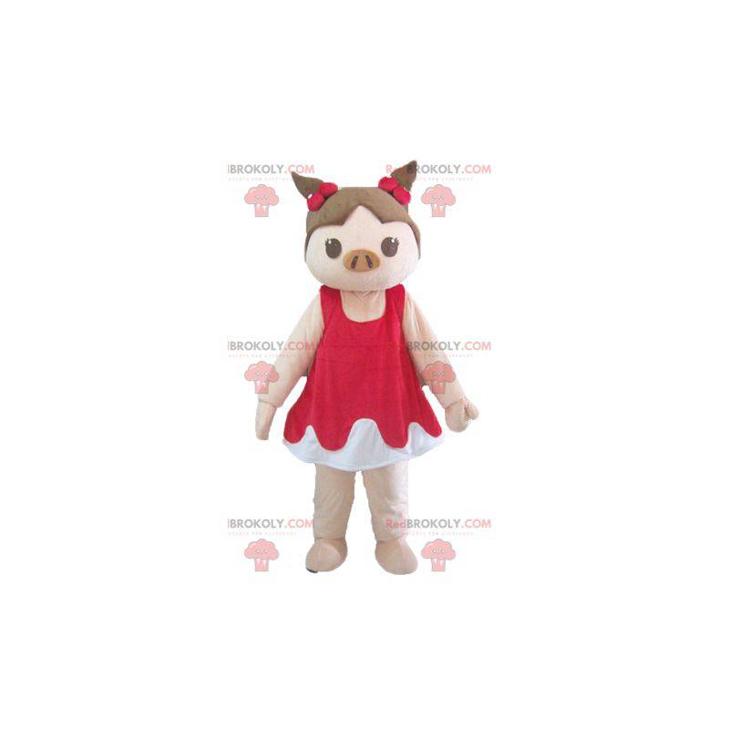 Mascota de cerdo rosa y marrón en vestido rojo y blanco -