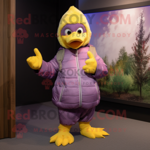 Lavender Canary mascot costume character dressed with a Sweatshirt and Mittens