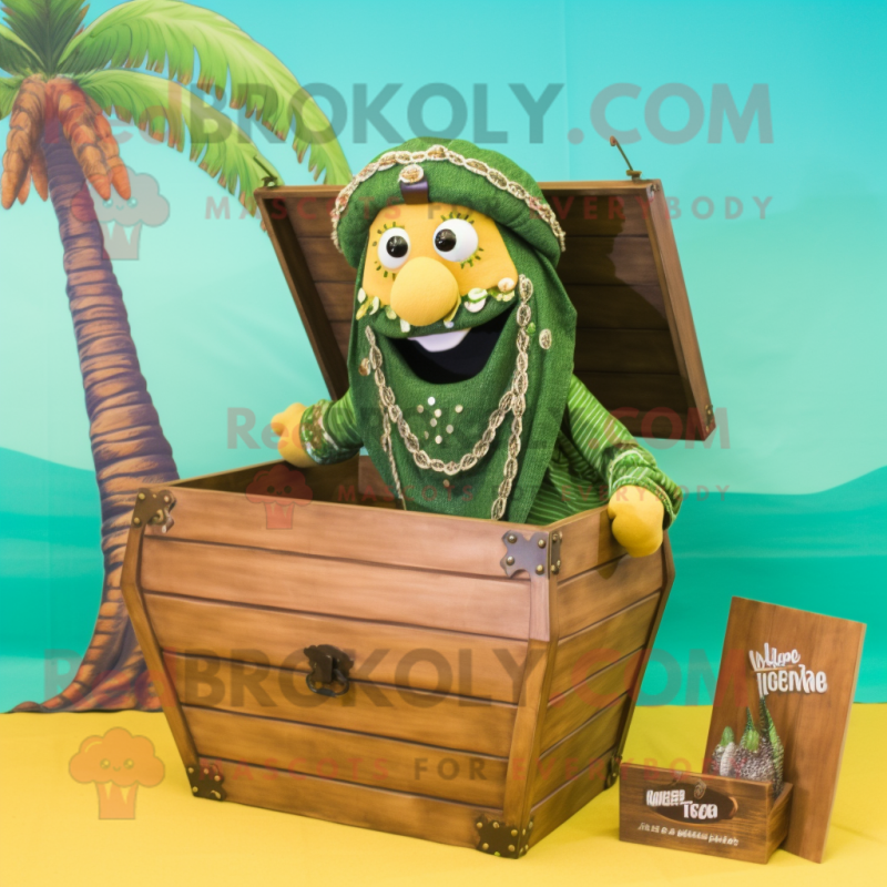 Olive Treasure Chest mascot costume character dressed with a Swimwear and Scarf clips Olive Treasure Chest mascot costume character dressed with a Swimwear and Scarf clips