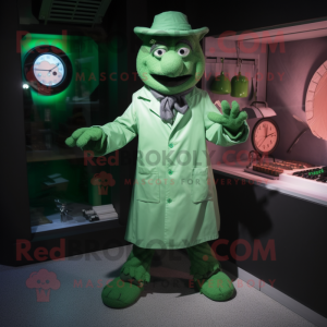 Green Doctor mascot costume character dressed with a Coat and Gloves