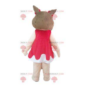 Mascote porco rosa e marrom em vestido vermelho e branco -