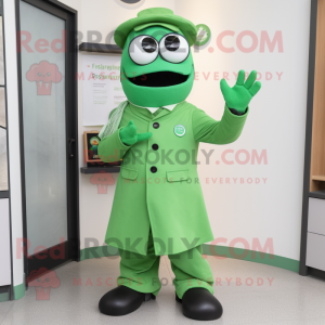 Green Doctor mascot costume character dressed with a Coat and Gloves