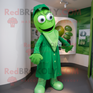 Green Doctor mascot costume character dressed with a Coat and Gloves