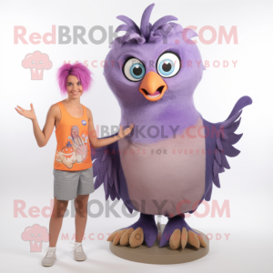 Lavender Harpy mascot costume character dressed with a Tank Top and Rings