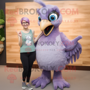 Lavender Harpy mascot costume character dressed with a Tank Top and Rings