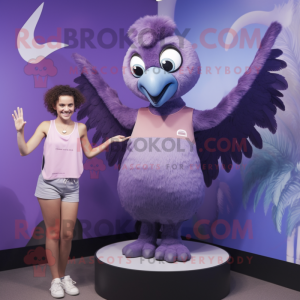 Lavender Harpy mascot costume character dressed with a Tank Top and Rings