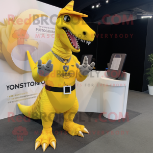 Yellow Spinosaurus mascot costume character dressed with a V-Neck Tee and Rings