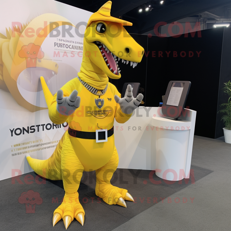 Yellow Spinosaurus mascot costume character dressed with a V-Neck Tee and Rings
