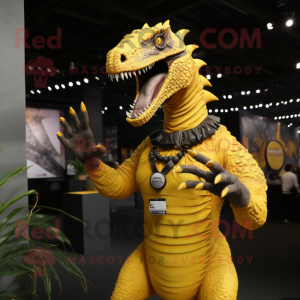 Yellow Spinosaurus mascot costume character dressed with a V-Neck Tee and Rings