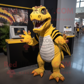 Yellow Spinosaurus mascot costume character dressed with a V-Neck Tee and Rings