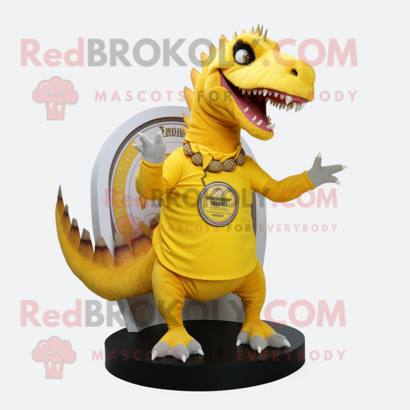 Yellow Spinosaurus mascot costume character dressed with a V-Neck Tee and Rings