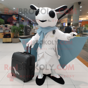 White Manta Ray mascot costume character dressed with a Suit and Messenger bags