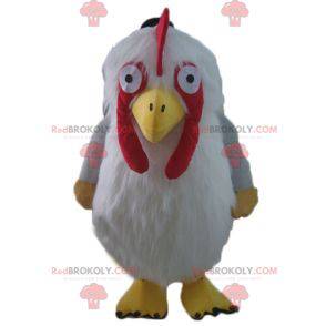 Mascote gigante e peludo vermelho e amarelo branco galinha -