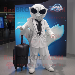 White Manta Ray mascot costume character dressed with a Suit and Messenger bags