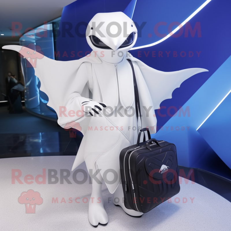 White Manta Ray mascot costume character dressed with a Suit and Messenger bags White Manta Ray mascot costume character dressed with a Suit and Messenger bags