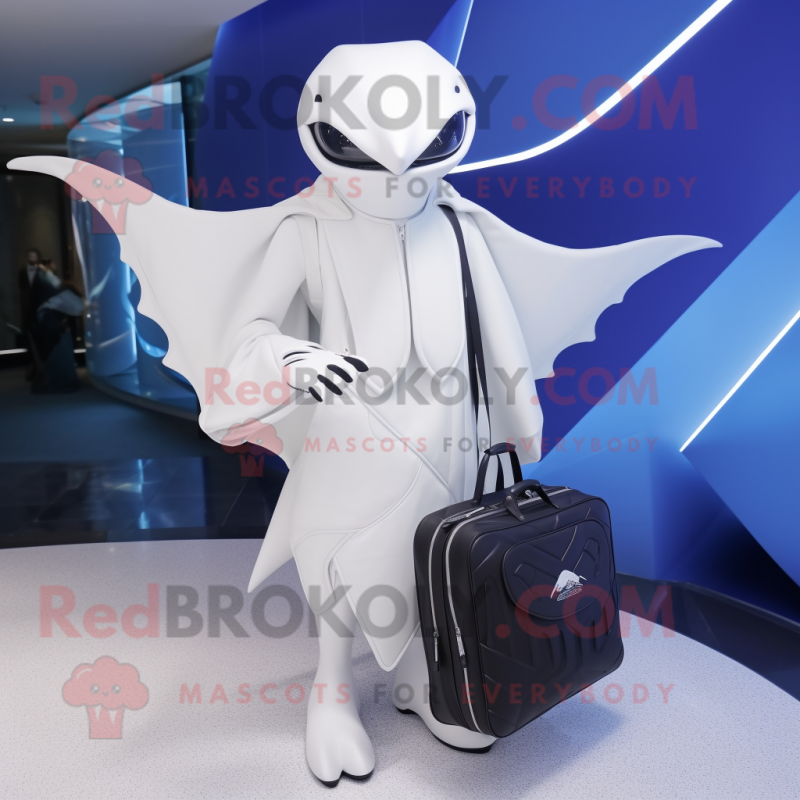 White Manta Ray mascot costume character dressed with a Suit and Messenger bags