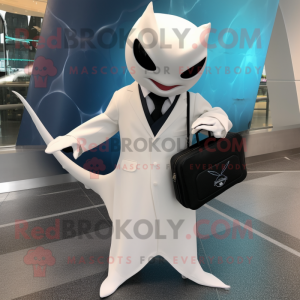 White Manta Ray mascot costume character dressed with a Suit and Messenger bags