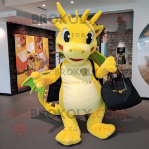 Yellow Dragon mascot costume character dressed with a Henley Tee and Tote bags