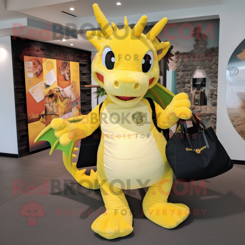 Yellow Dragon mascot costume character dressed with a Henley Tee and Tote bags Yellow Dragon mascot costume character dressed with a Henley Tee and Tote bags