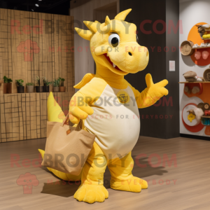 Yellow Dragon mascot costume character dressed with a Henley Tee and Tote bags