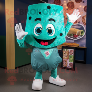 Teal Pizza Slice mascot costume character dressed with a Playsuit and Gloves