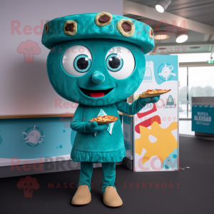 Teal Pizza Slice mascot costume character dressed with a Playsuit and Gloves