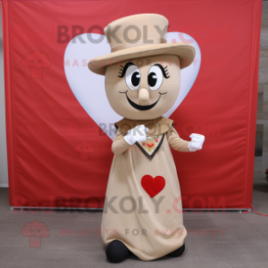 Beige Heart mascot costume character dressed with a Sheath Dress and Hats