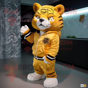 Gold Tiger mascot costume character dressed with a Hoodie and Messenger bags