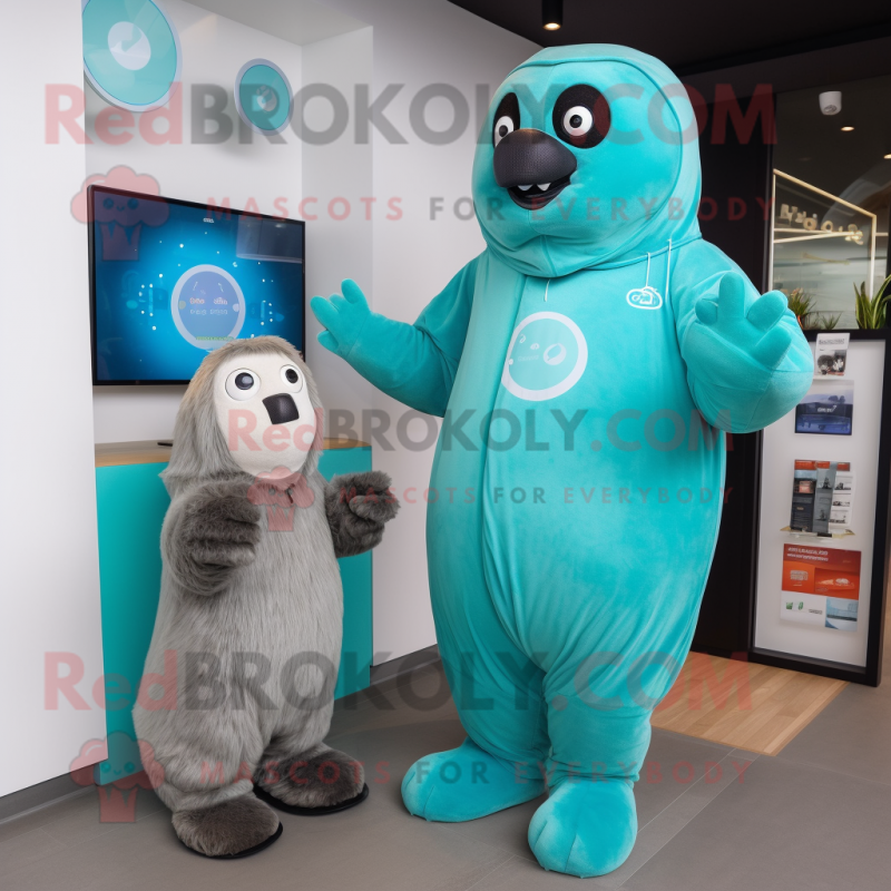 Turquoise Seal mascot costume character dressed with a Parka and Watches