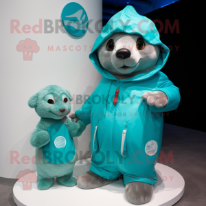 Turquoise Seal mascot costume character dressed with a Parka and Watches