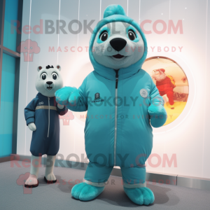 Turquoise Seal mascot costume character dressed with a Parka and Watches