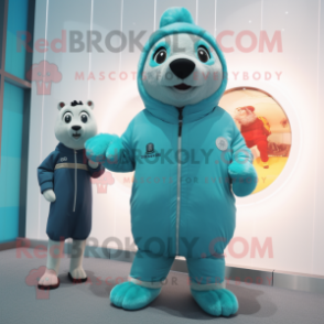 Turquoise Seal mascot costume character dressed with a Parka and Watches