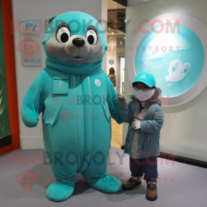 Turquoise Seal mascot costume character dressed with a Parka and Watches