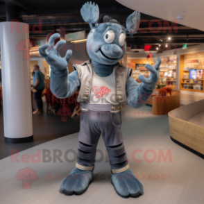 Gray Lobster mascot costume character dressed with a Flare Jeans and Bracelets