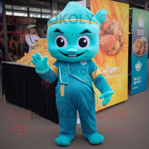 Teal Pad Thai mascot costume character dressed with a Playsuit and Gloves
