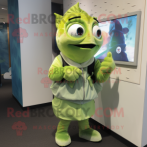 Lime Green Tuna mascot costume character dressed with a Vest and Watches