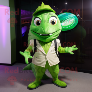 Lime Green Tuna mascot costume character dressed with a Vest and Watches