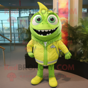 Lime Green Tuna mascot costume character dressed with a Vest and Watches