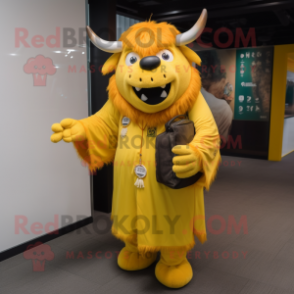 Lemon Yellow Yak mascot costume character dressed with a Cover-up and Wallets