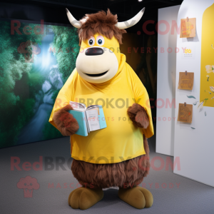 Lemon Yellow Yak mascot costume character dressed with a Cover-up and Wallets
