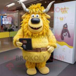 Lemon Yellow Yak mascot costume character dressed with a Cover-up and Wallets