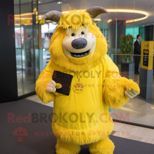 Lemon Yellow Yak mascot costume character dressed with a Cover-up and Wallets