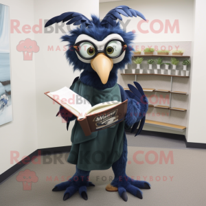 Navy Archeopteryx mascot costume character dressed with a Long Sleeve Tee and Reading glasses